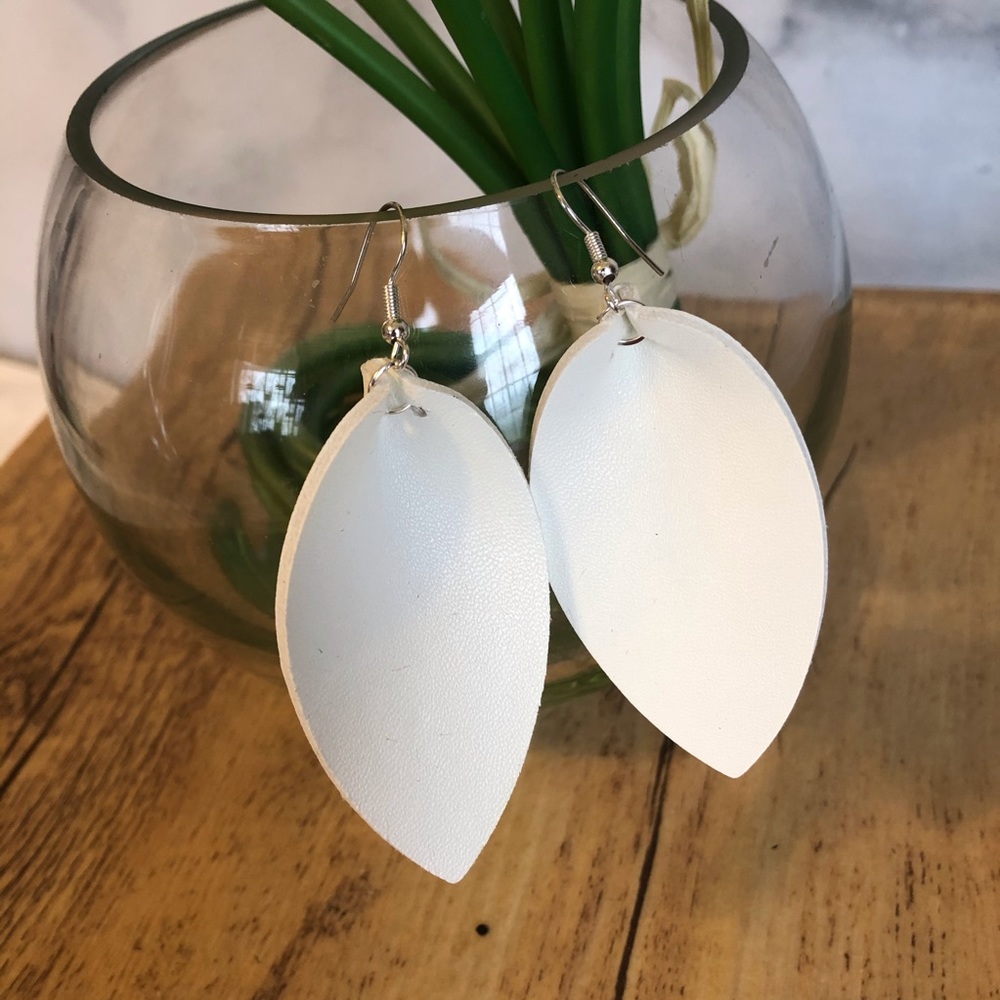 Faux Leather White Leaf Shape Earrings